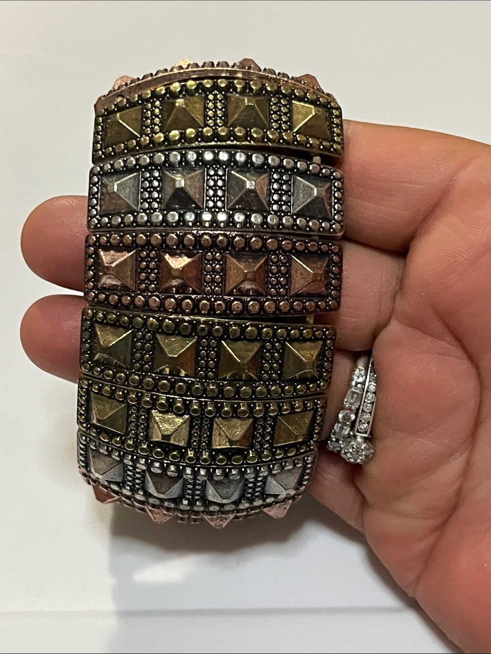 Multi-Tone Pyramid-Stud Layered Cuff Bracelet